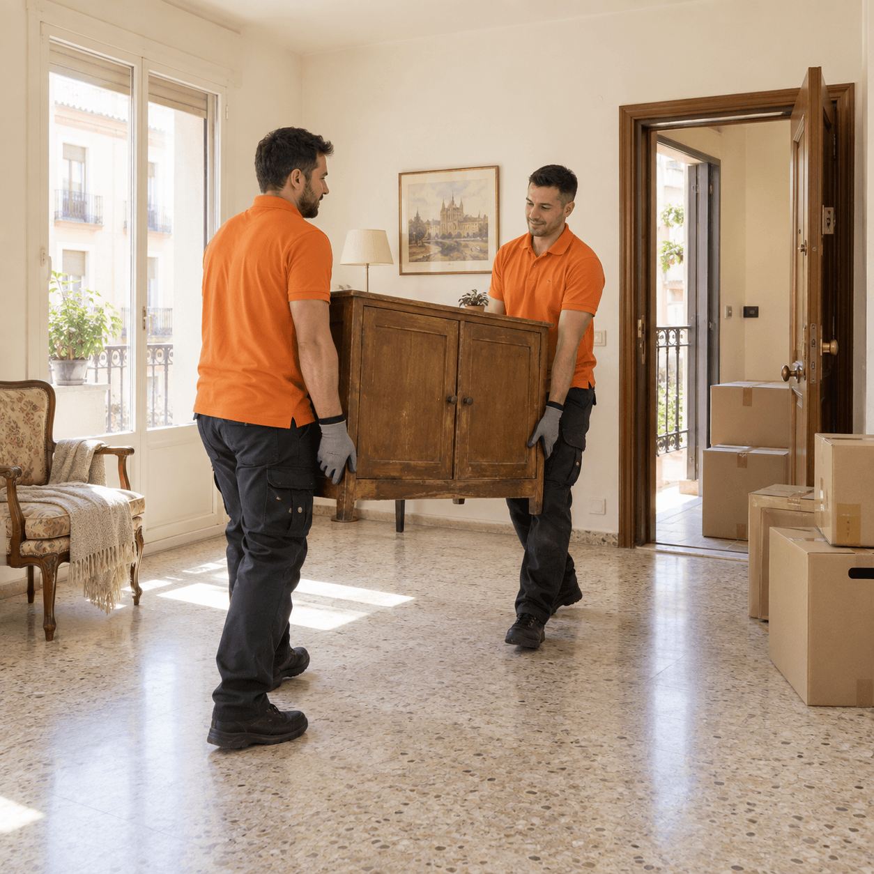 Dos personas retirando un armario de una vivienda con cajas preparadas junto a la puerta